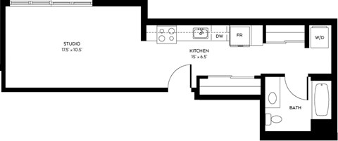 Floor plan for 1 bed, 1 bath, 579 sqft